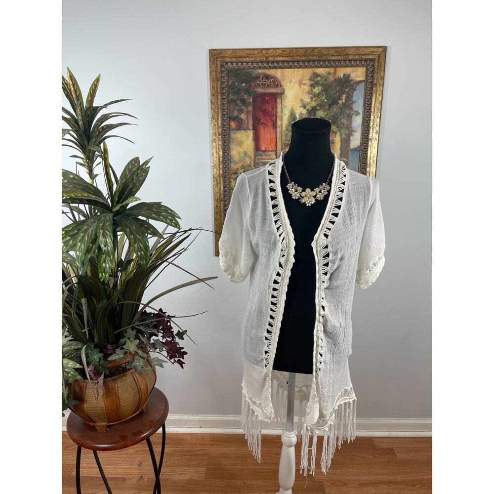 Women's‎ Cardigan White Lace Fringe Trim Open Front Coastal Beachy Bohemian
